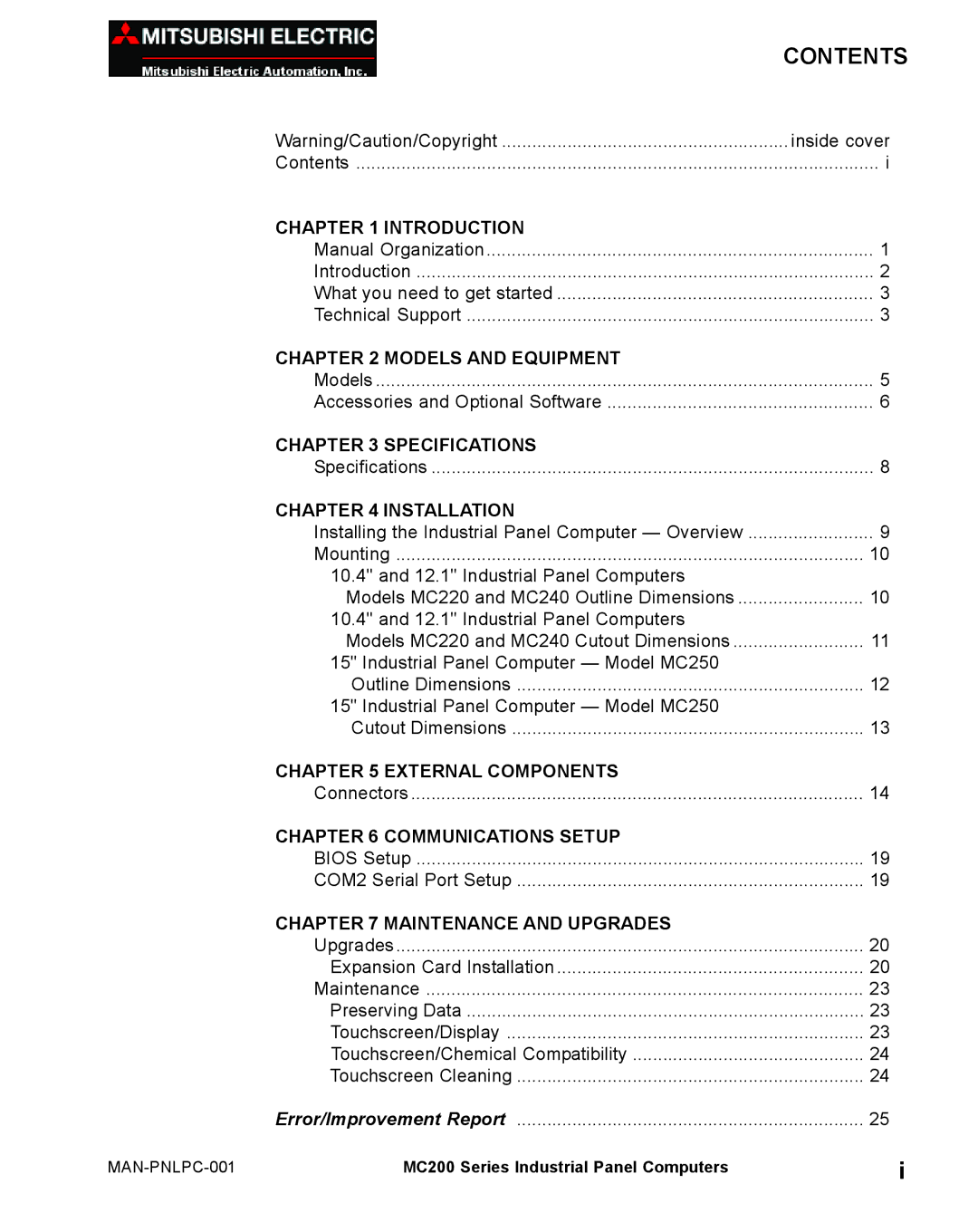 Mitsubishi Electronics MC 200 manual Contents 