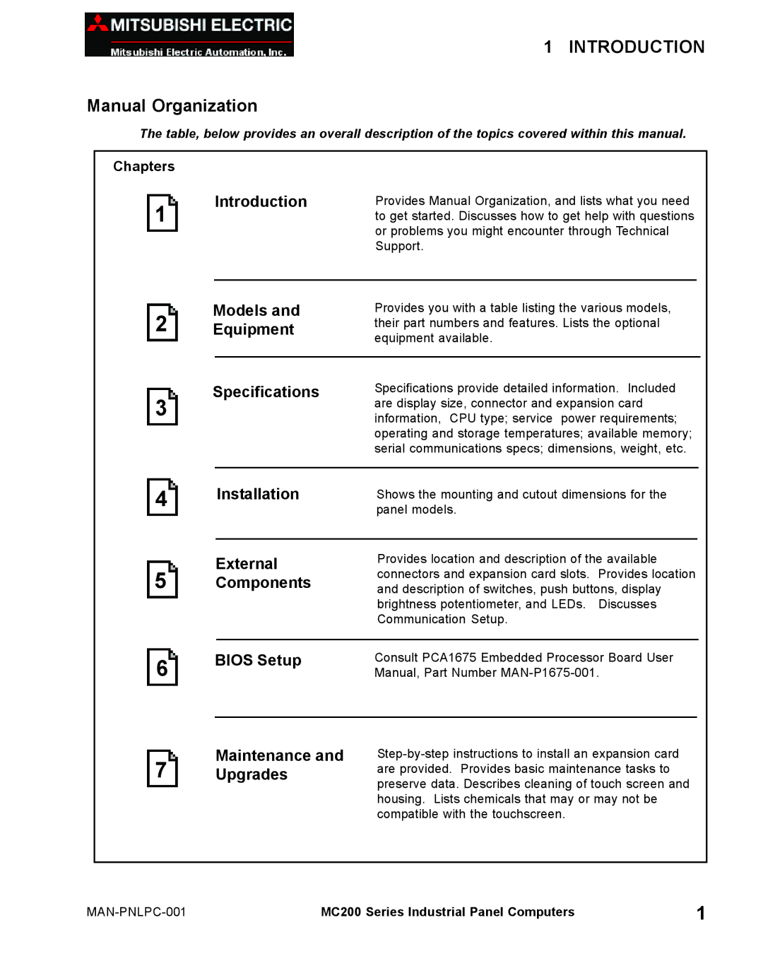 Mitsubishi Electronics MC 200 manual Introduction, Manual Organization 