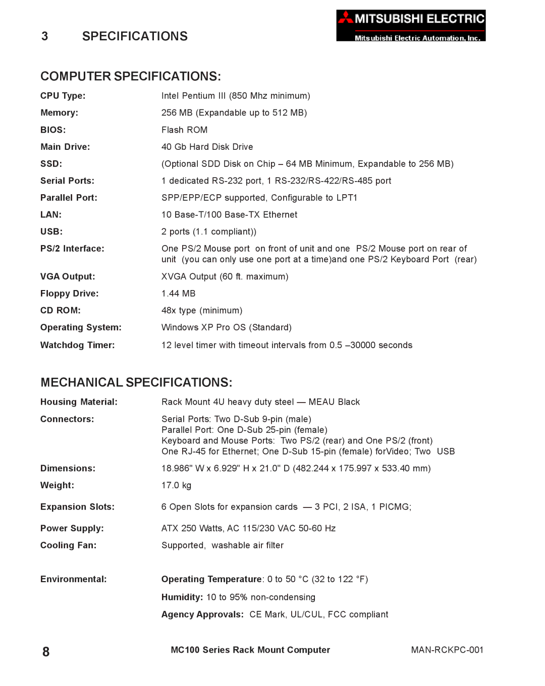 Mitsubishi Electronics MC100 manual Computer Specifications, Mechanical Specifications 