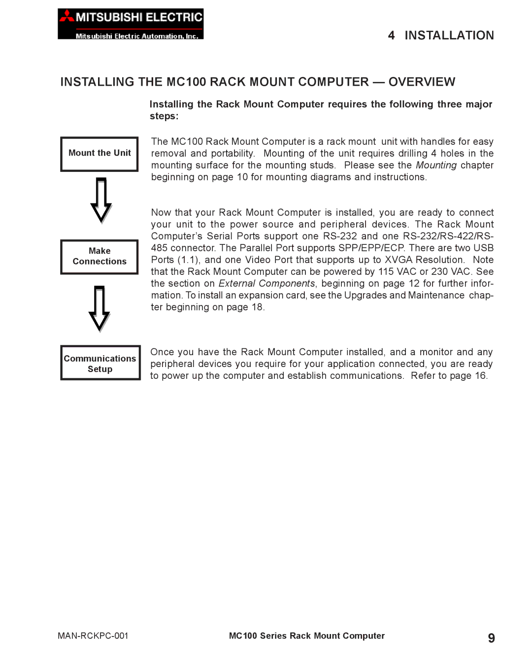 Mitsubishi Electronics MC100 manual Mount the Unit Make Connections 