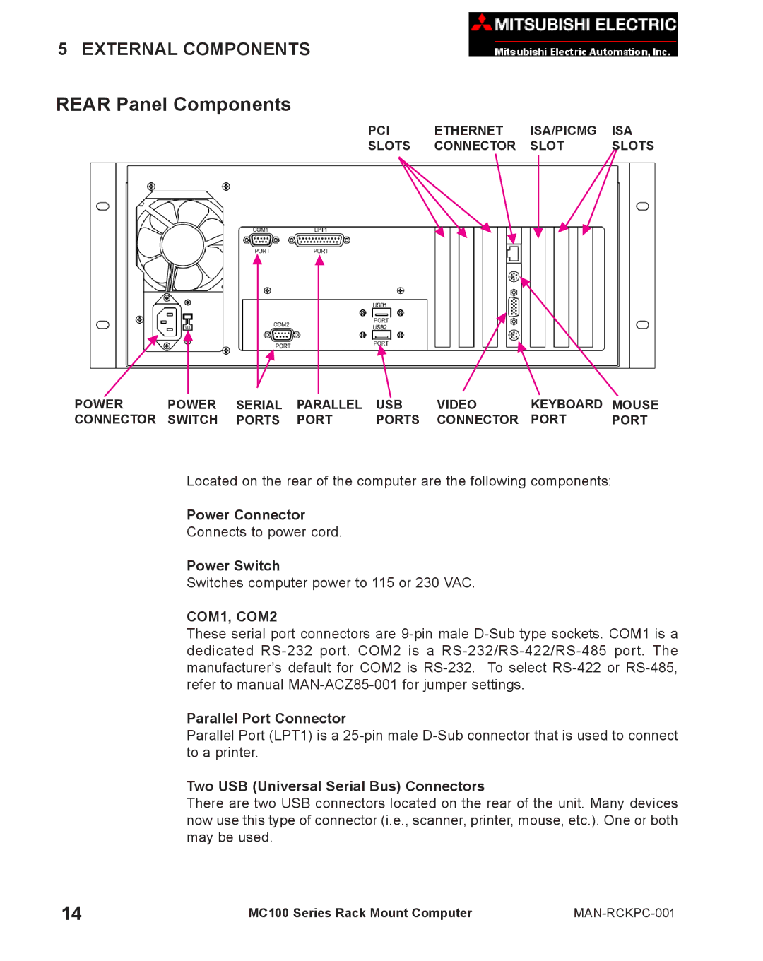 Mitsubishi Electronics MC100 manual Power Connector, Power Switch, Parallel Port Connector 