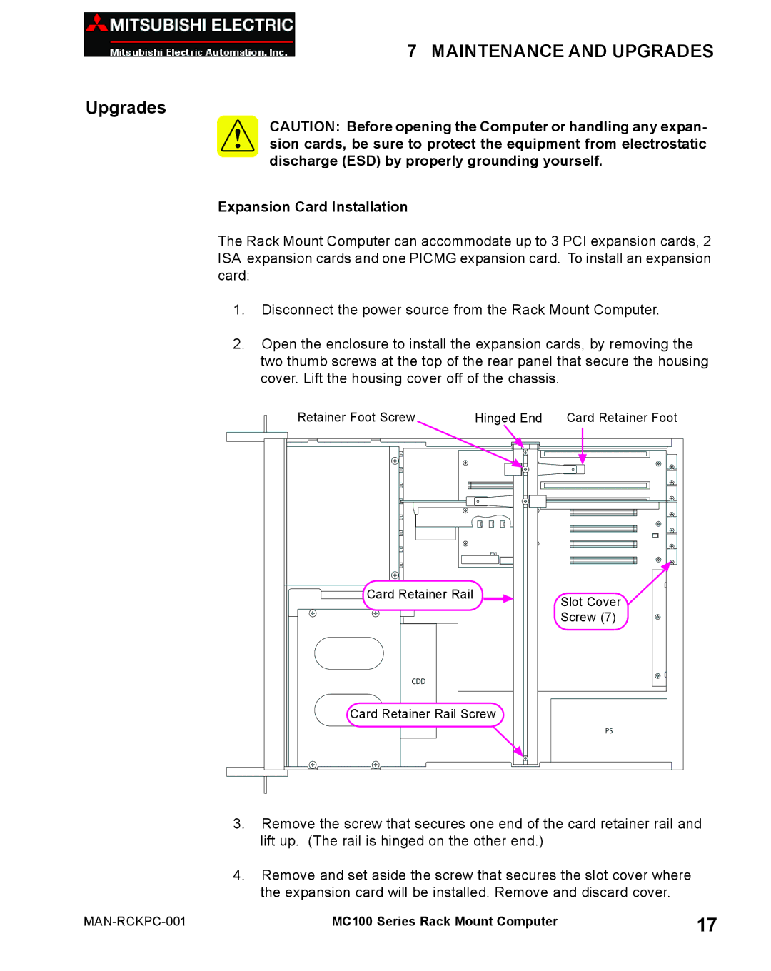 Mitsubishi Electronics MC100 manual Maintenance and Upgrades, Expansion Card Installation 