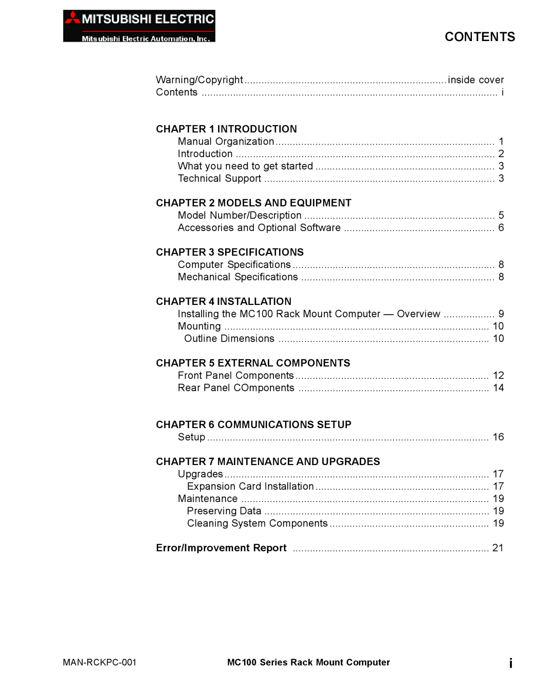 Mitsubishi Electronics MC100 manual Contents 