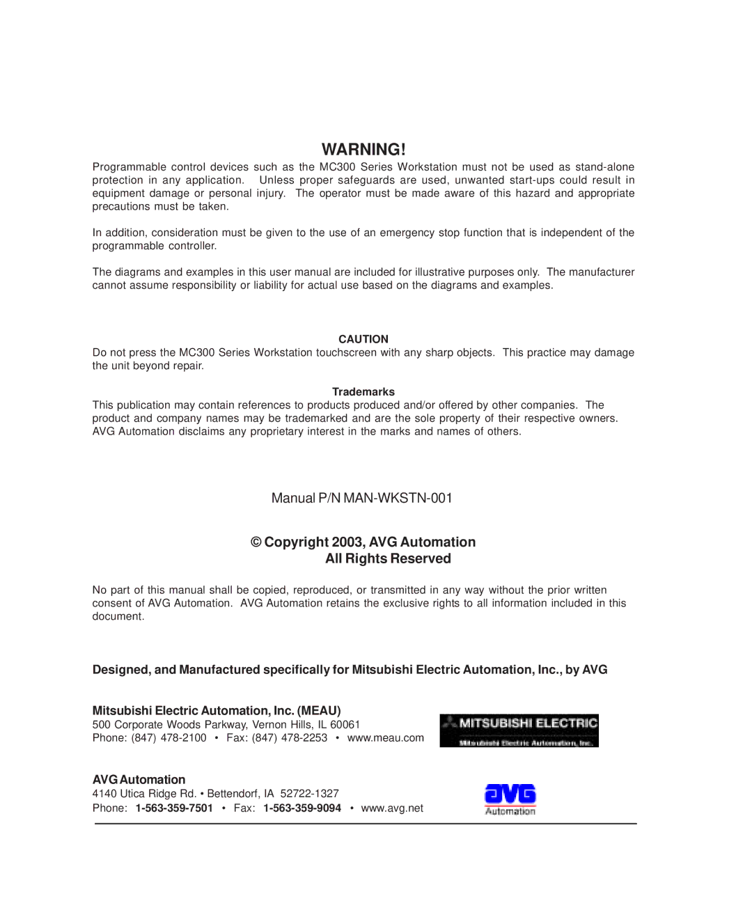 Mitsubishi Electronics MC300 manual Copyright 2003, AVG Automation All Rights Reserved 