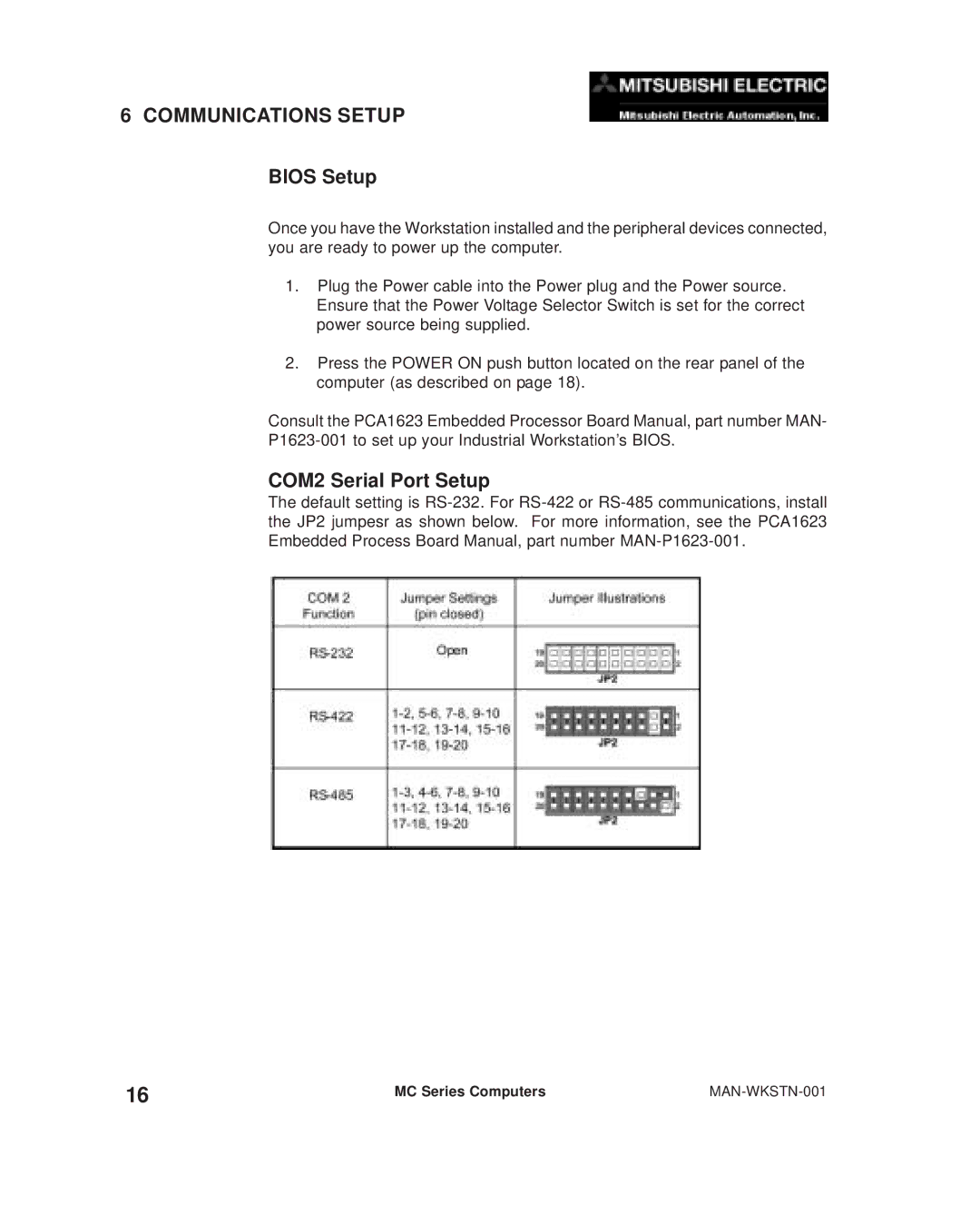 Mitsubishi Electronics MC300 manual Communications Setup, Bios Setup, COM2 Serial Port Setup 