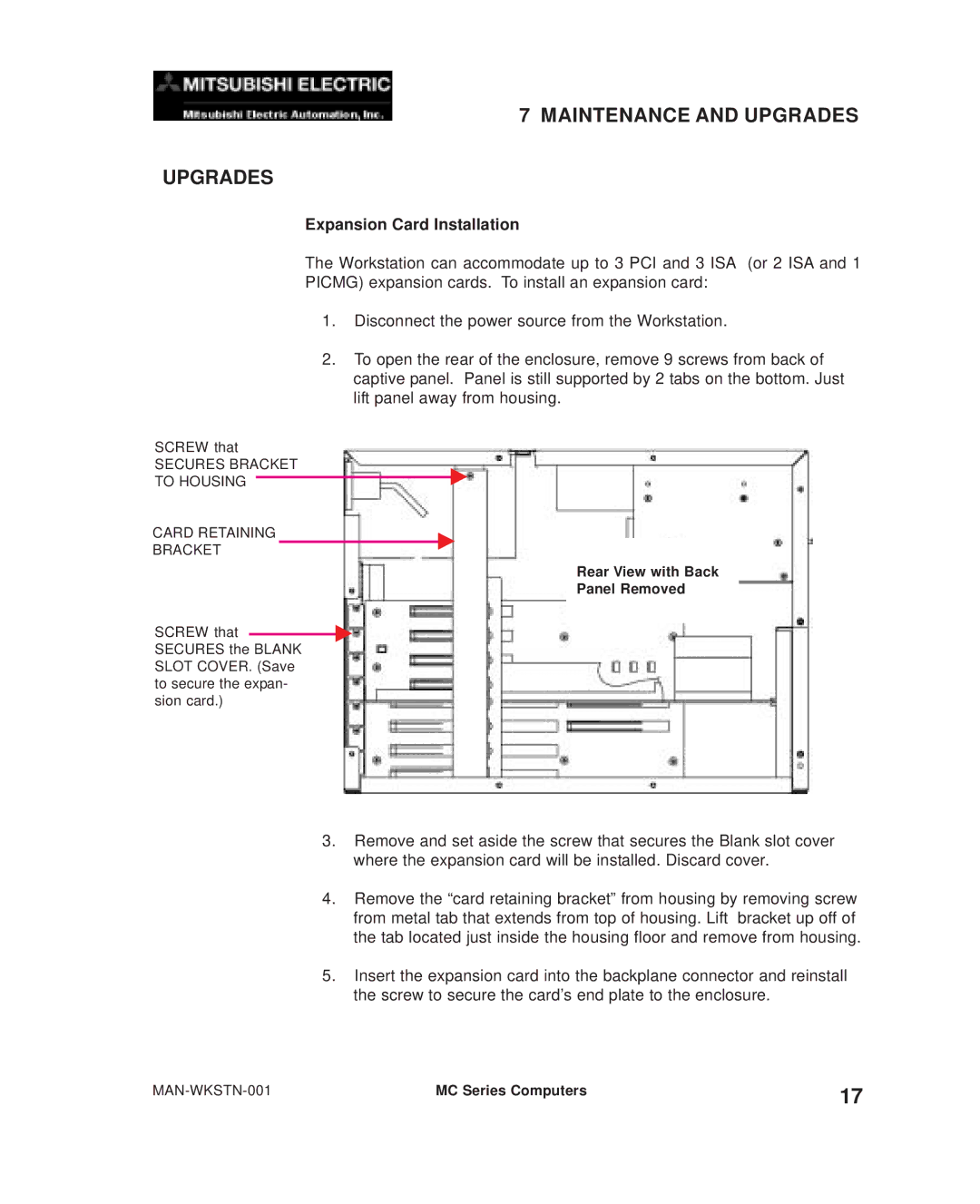 Mitsubishi Electronics MC300 manual Maintenance and Upgrades, Expansion Card Installation 