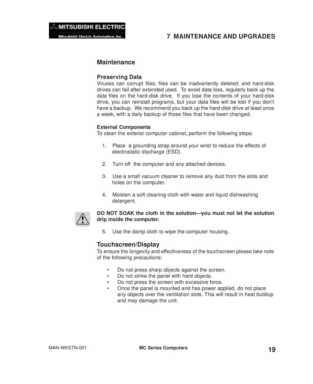 Mitsubishi Electronics MC300 manual Maintenance, Touchscreen/Display, Preserving Data, External Components 