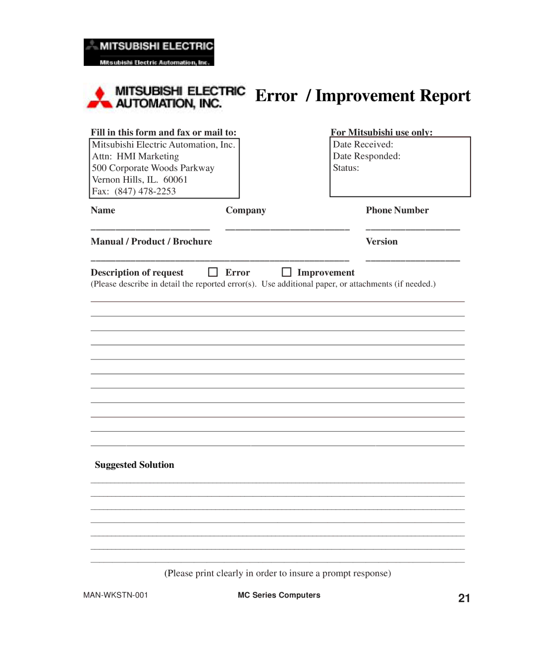 Mitsubishi Electronics MC300 manual Error / Improvement Report 