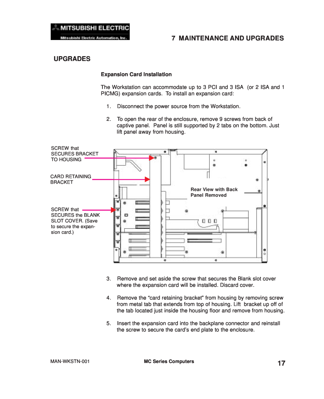 Mitsubishi Electronics MC300 manual Maintenance And Upgrades Upgrades, Expansion Card Installation 