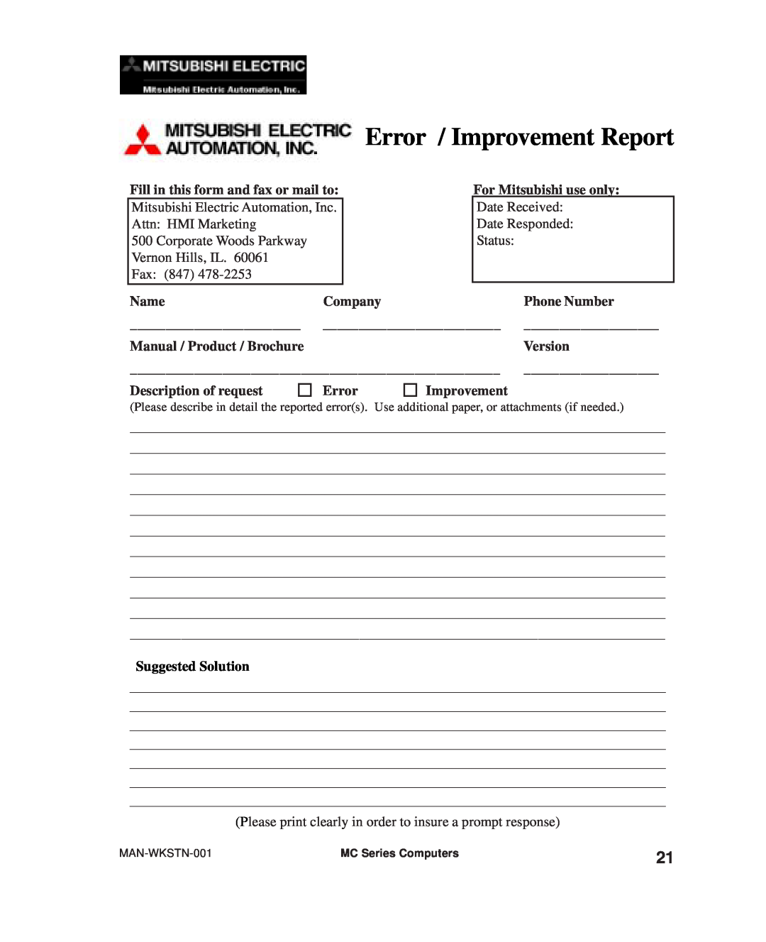 Mitsubishi Electronics MC300 manual Error / Improvement Report, Mitsubishi Electric Automation, Inc Attn HMI Marketing 