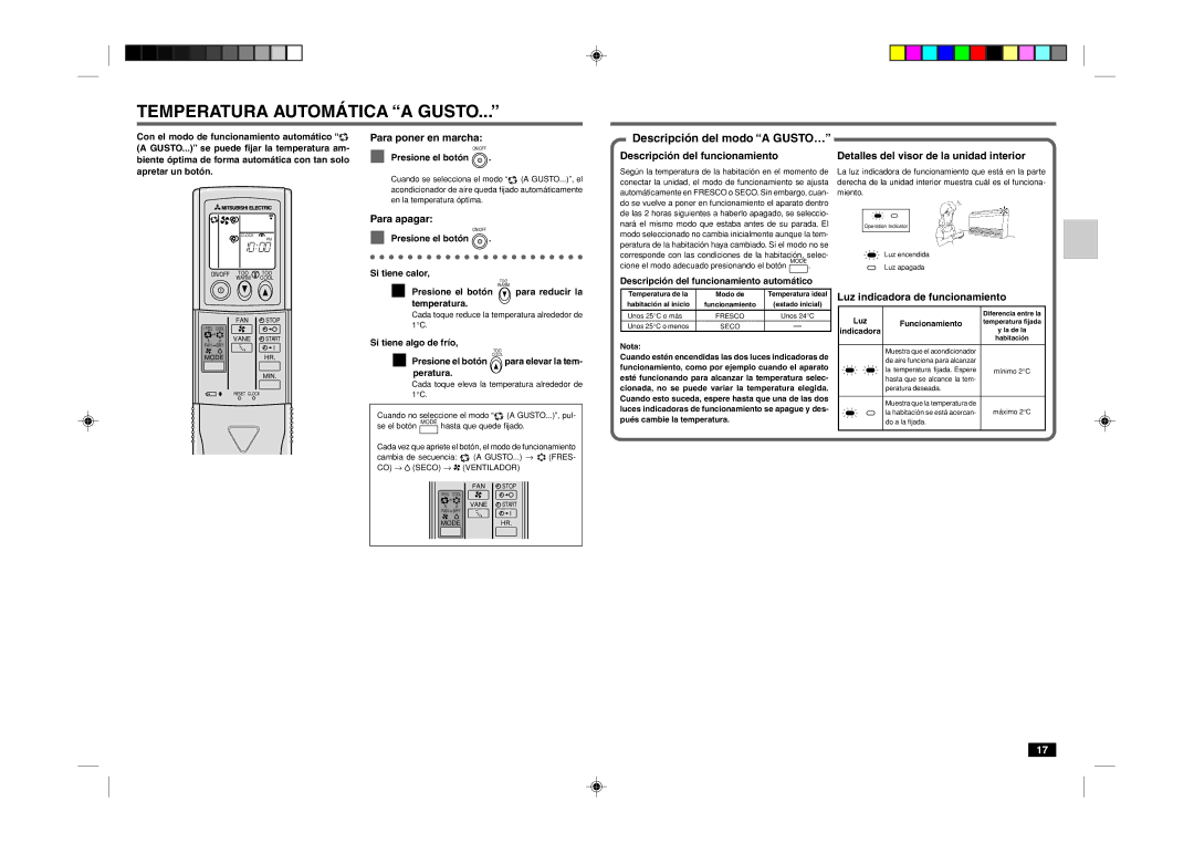 Mitsubishi Electronics MCF-18TN/24TN Temperatura Automática a Gusto, Descripción del modo a GUSTO…, Para poner en marcha 
