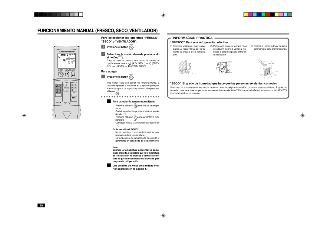 Mitsubishi Electronics MCF-18TN/24TN manual Informacion Practica, Para seleccionar las opciones FRESCO, Seco o Ventilador 