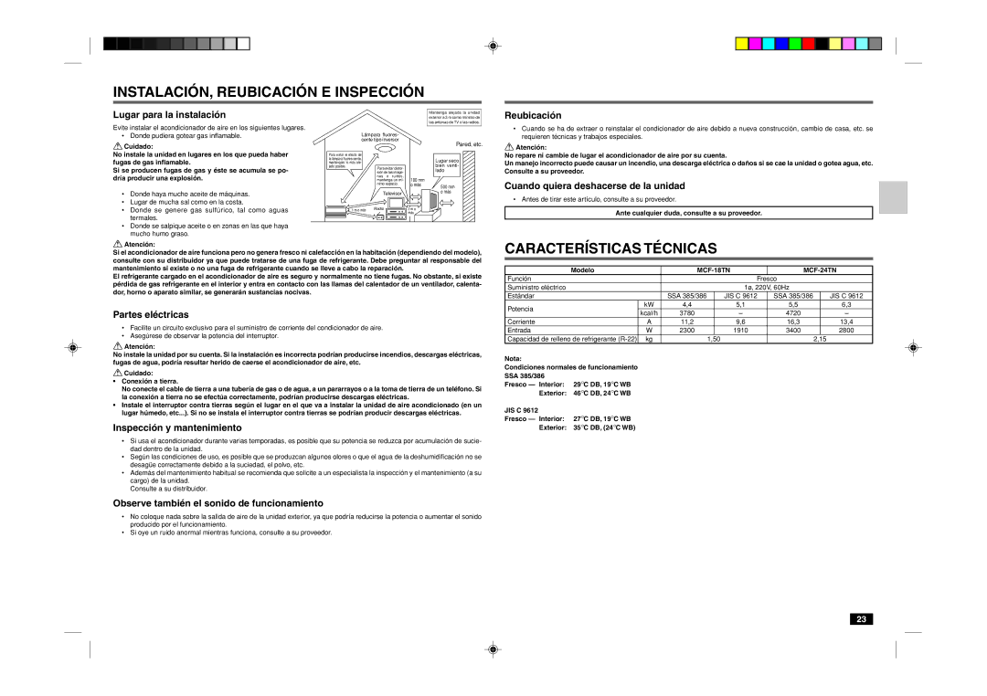 Mitsubishi Electronics MCF-18TN/24TN manual INSTALACIÓN, Reubicación E Inspección, Características Técnicas 