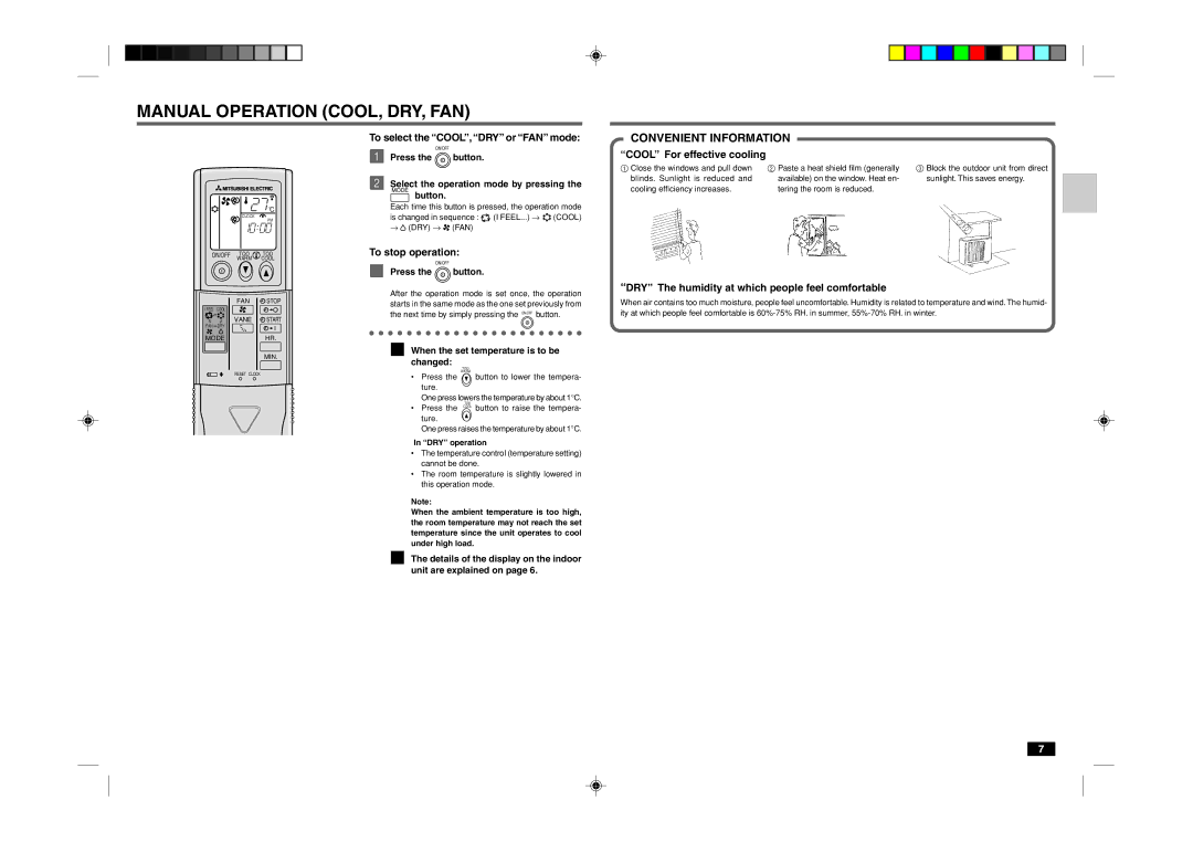 Mitsubishi Electronics MCF-18TN/24TN Manual Operation COOL, DRY, FAN, Convenient Information, Cool For effective cooling 