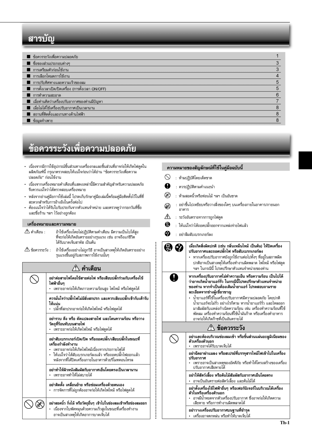 Mitsubishi Electronics MCF-D24VD, MCF-D18VD, MCF-SD13VD operating instructions สารบัญ, อควรระวังเพื่อความปลอดภัย 