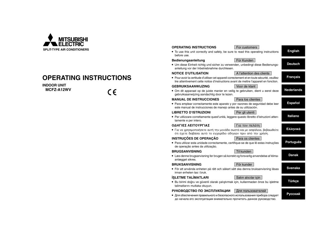 Mitsubishi Electronics MCFZ-A12WV operating instructions English Deutsch Français Nederlands Español Italiano 