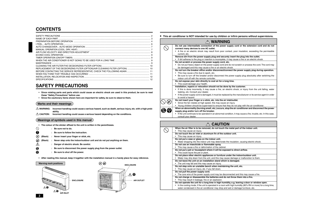 Mitsubishi Electronics MCFZ-A12WV operating instructions Contents, Safety Precautions 