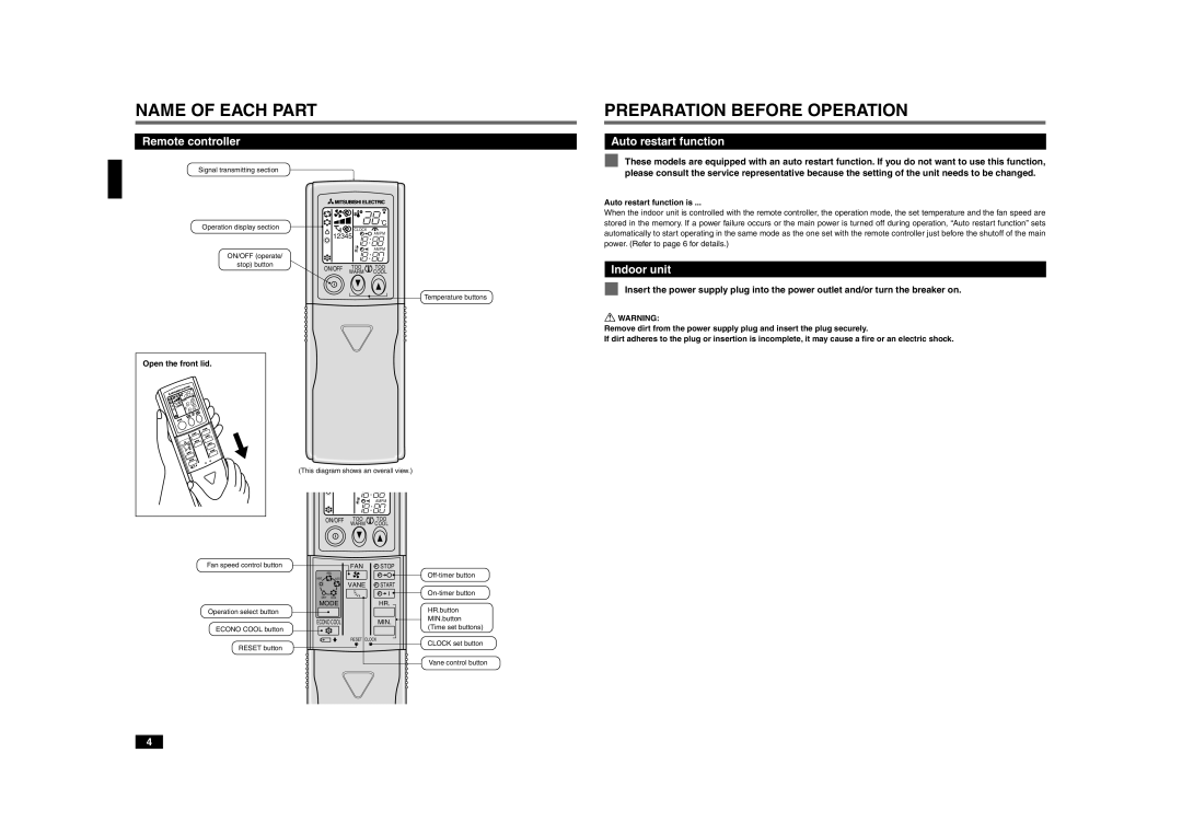 Mitsubishi Electronics MCFZ-A12WV Remote controller Auto restart function, Indoor unit, Auto restart function is 