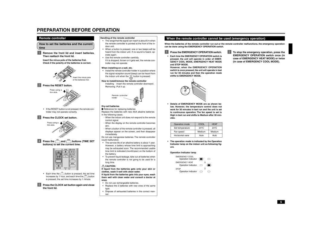 Mitsubishi Electronics MCFZ-A12WV operating instructions Preparation Before Operation, Remote controller 