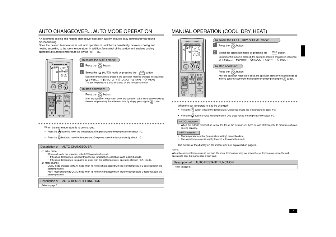 Mitsubishi Electronics MCFZ-A12WV operating instructions To select the COOL, DRY or Heat mode, To select the Auto mode 