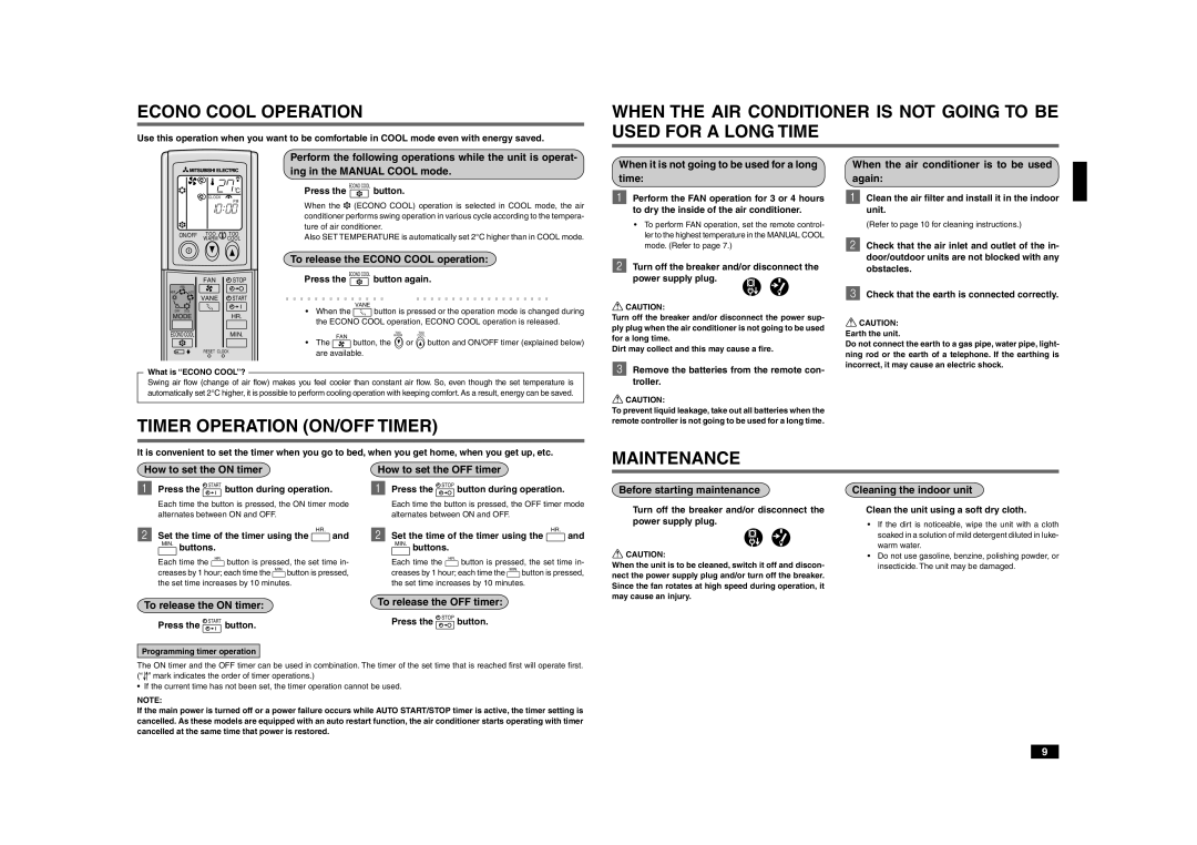 Mitsubishi Electronics MCFZ-A12WV operating instructions Econo Cool Operation, Timer Operation ON/OFF Timer, Maintenance 