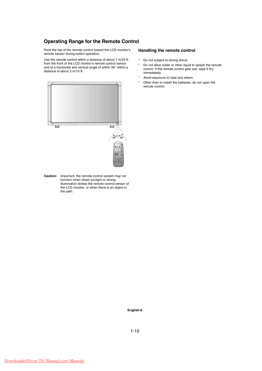 Mitsubishi Electronics MDT3215 user manual Operating Range for the Remote Control, Handling the remote control, English-8 