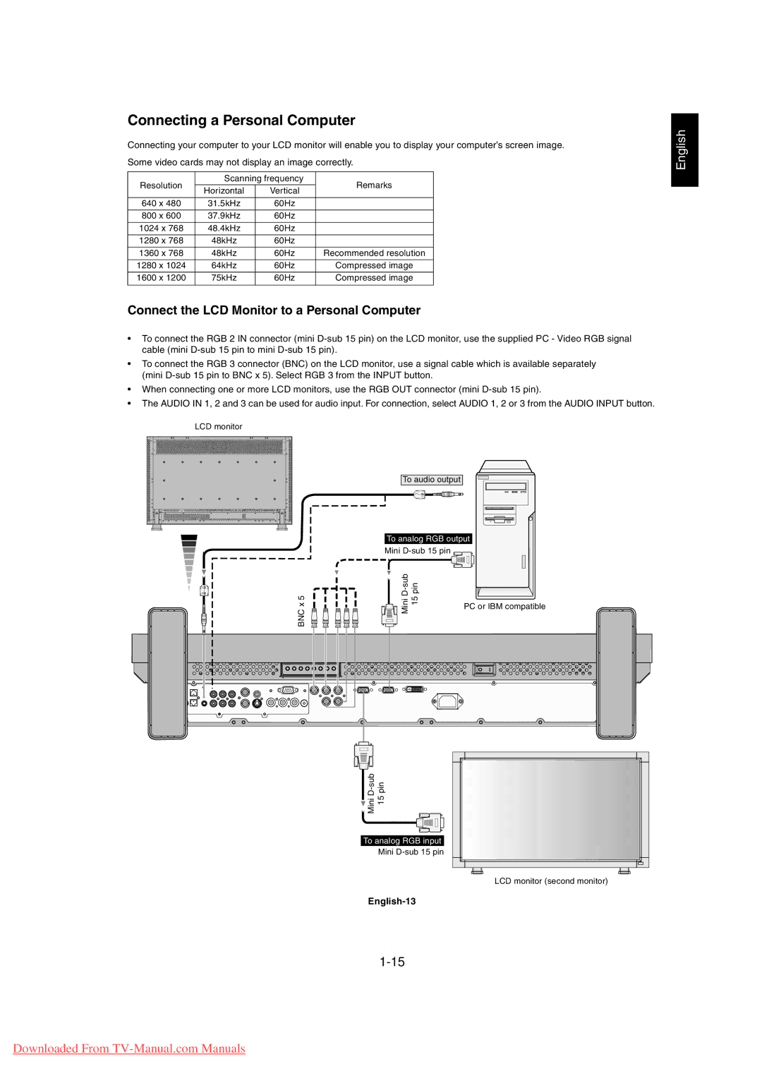 Mitsubishi Electronics MDT3215 Connecting a Personal Computer, Connect the LCD Monitor to a Personal Computer, English-13 