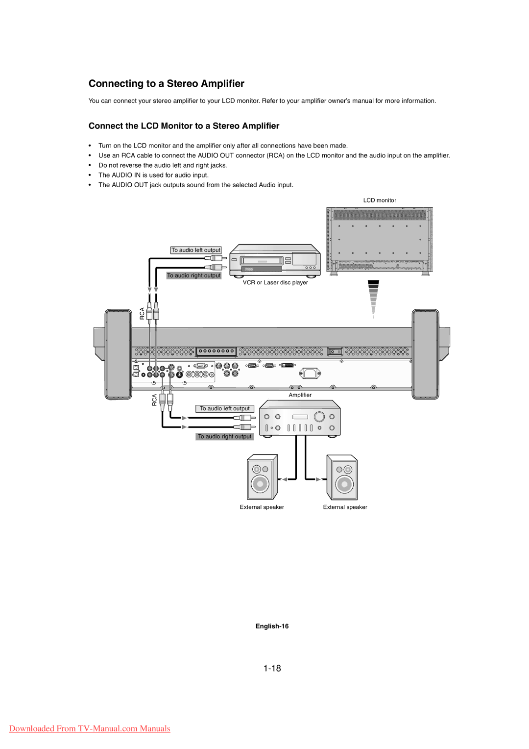 Mitsubishi Electronics MDT3215 Connecting to a Stereo Amplifier, Connect the LCD Monitor to a Stereo Amplifier, English-16 