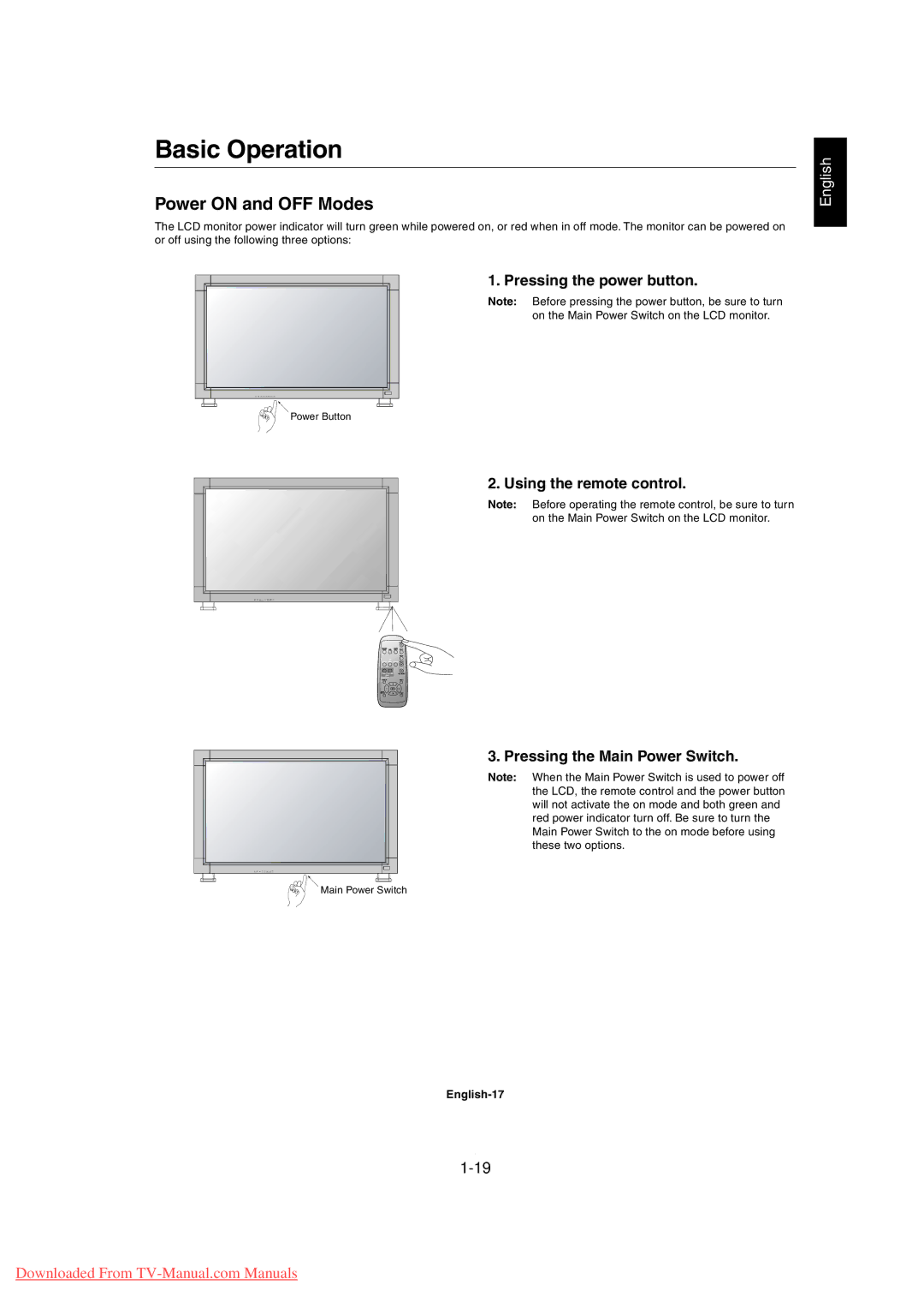 Mitsubishi Electronics MDT3215 user manual Basic Operation, Power on and OFF Modes, Pressing the power button, English-17 