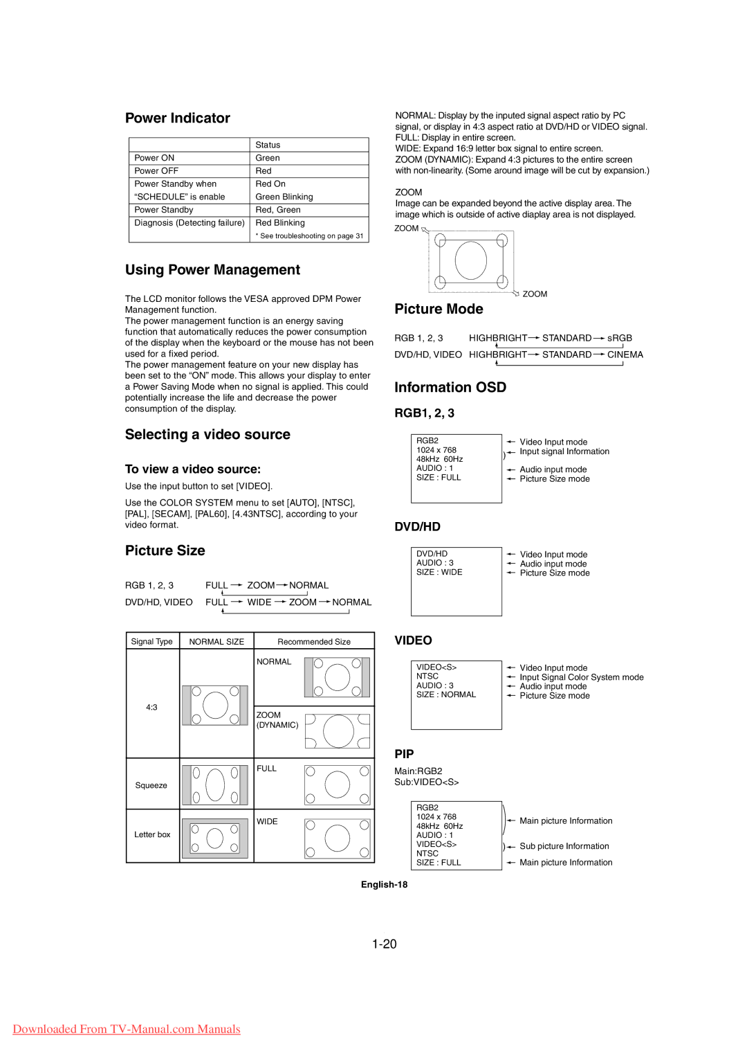 Mitsubishi Electronics MDT3215 user manual Power Indicator, Using Power Management, Picture Mode, Information OSD 