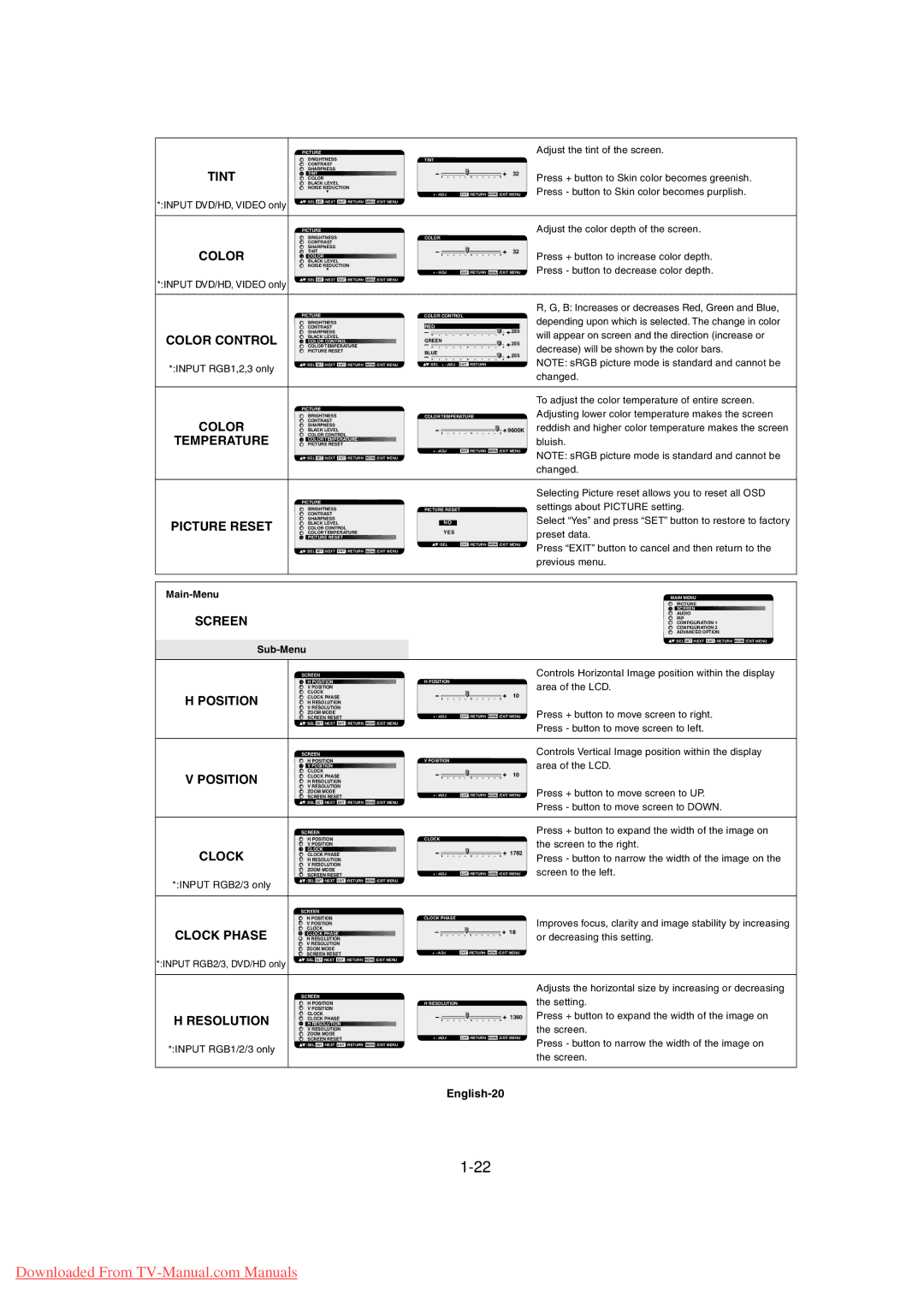 Mitsubishi Electronics MDT3215 user manual Color Control, Screen, Position, Clock Phase, Resolution 