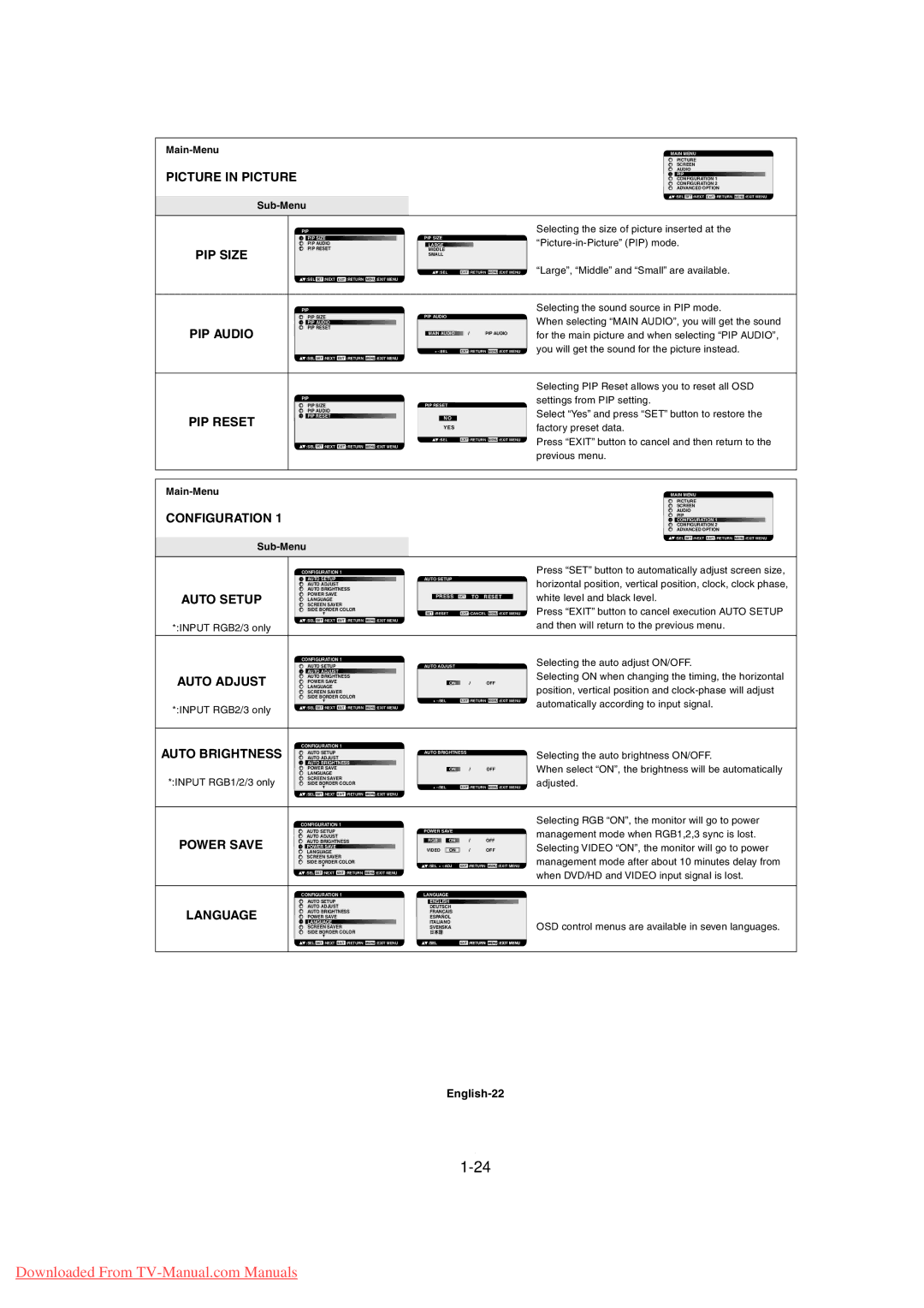 Mitsubishi Electronics MDT3215 Picture in Picture, Configuration, Auto Setup, Auto Adjust, Auto Brightness, Power Save 