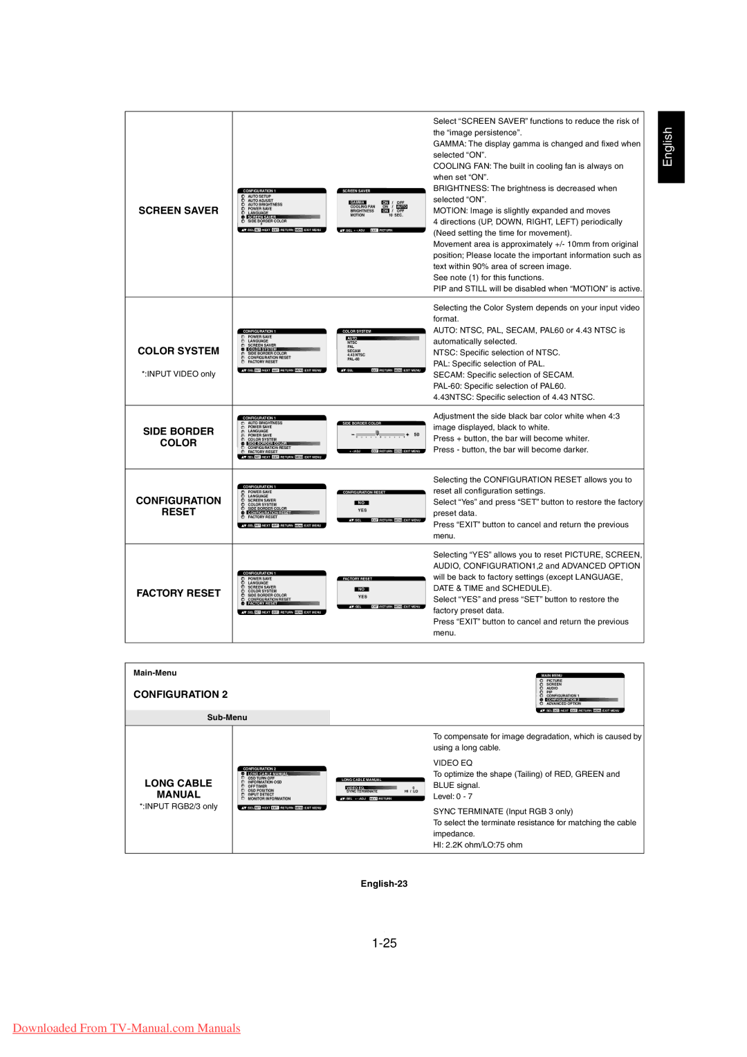 Mitsubishi Electronics MDT3215 user manual Screen Saver, Color System, Side Border, Factory Reset, Long Cable Manual 