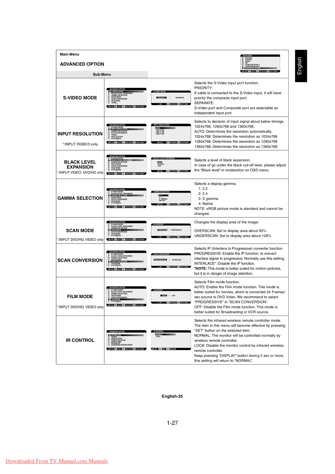 Mitsubishi Electronics MDT3215 Advanced Option, Video Mode, Input Resolution, Black Level, Expansion, Gamma Selection 