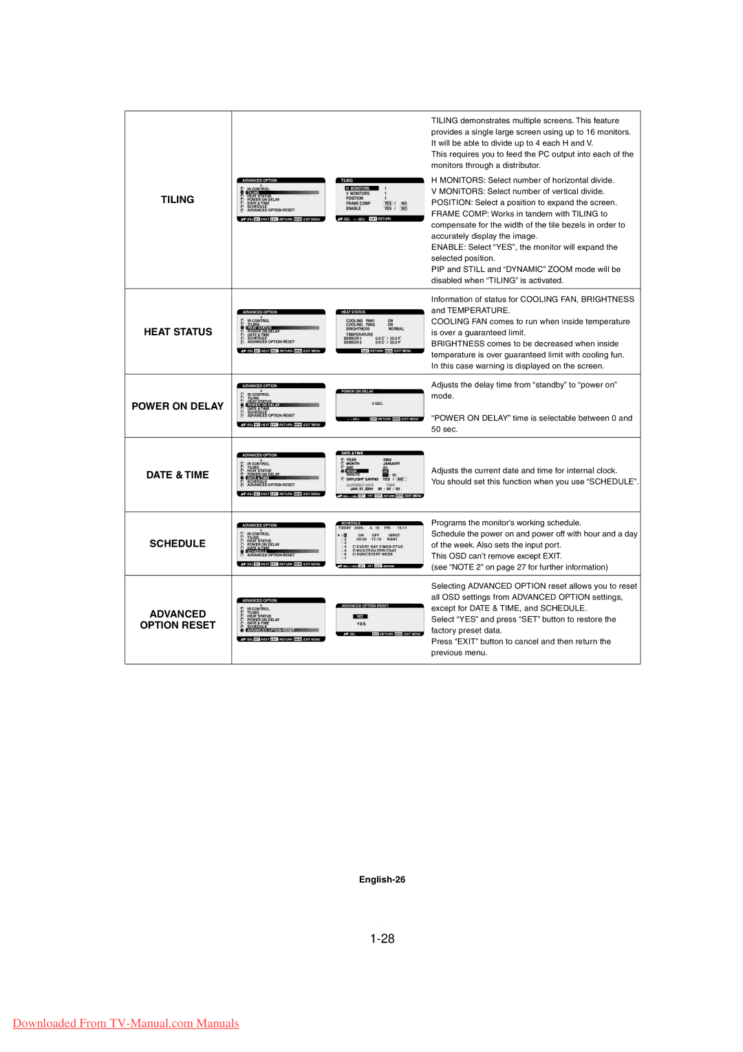 Mitsubishi Electronics MDT3215 user manual Tiling, Power on Delay, Date & Time, Schedule, Advanced, Option Reset 