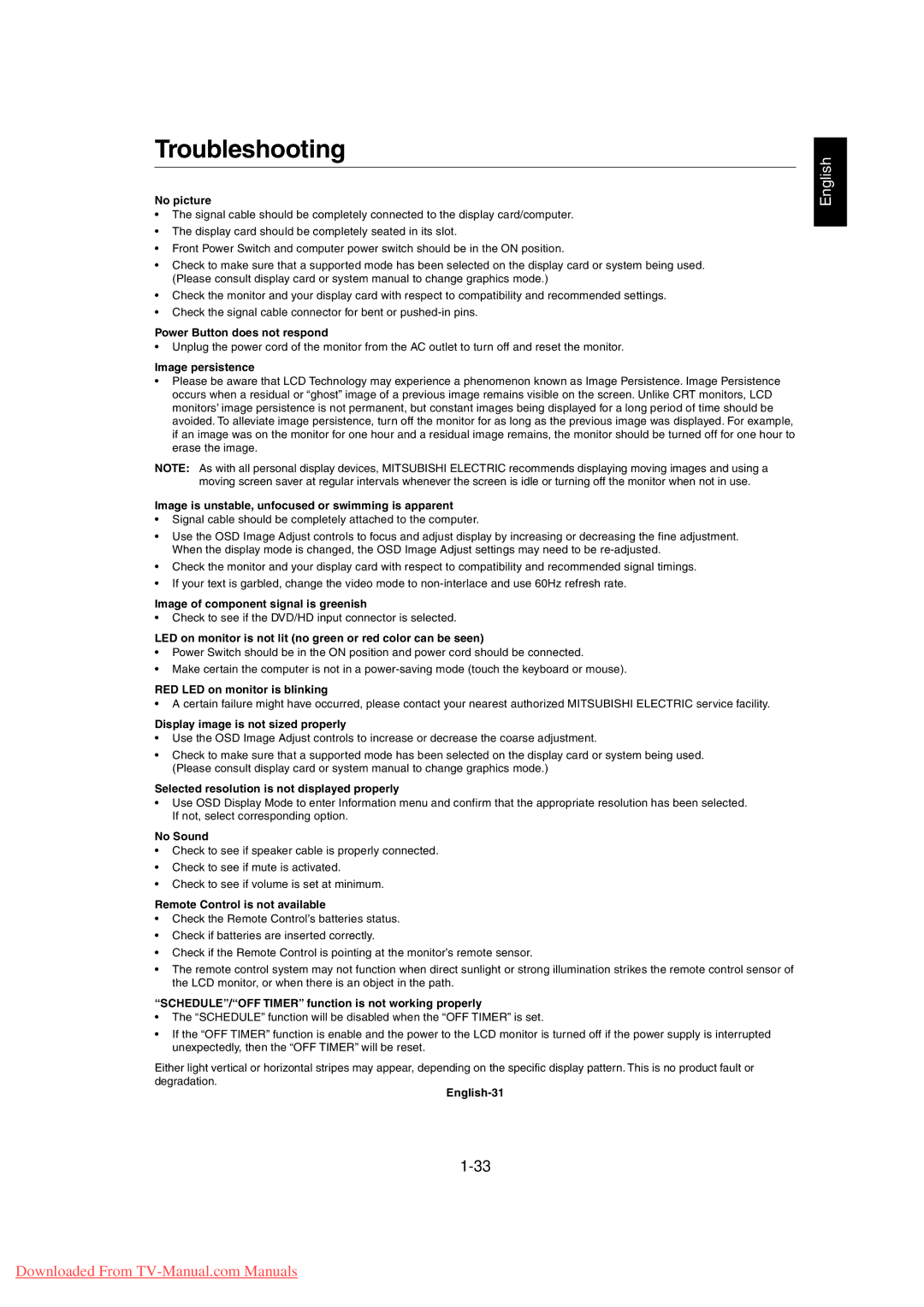 Mitsubishi Electronics MDT3215 user manual Troubleshooting 