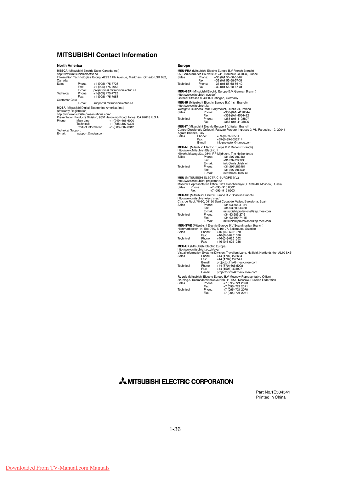 Mitsubishi Electronics MDT3215 user manual Mitsubishi Contact Information, North America, Europe 