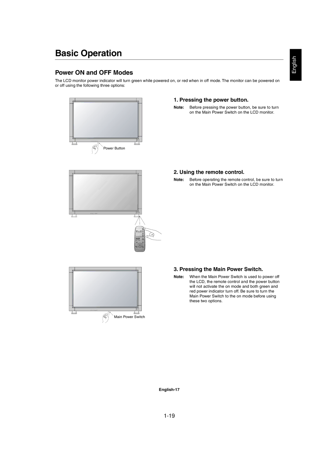 Mitsubishi Electronics MDT321S user manual Basic Operation, Power on and OFF Modes, Pressing the power button, English-17 