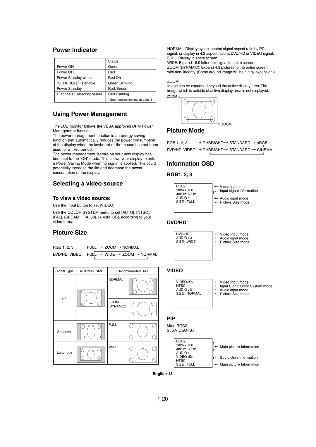 Mitsubishi Electronics MDT321S user manual Power Indicator, Using Power Management, Picture Mode, Information OSD 