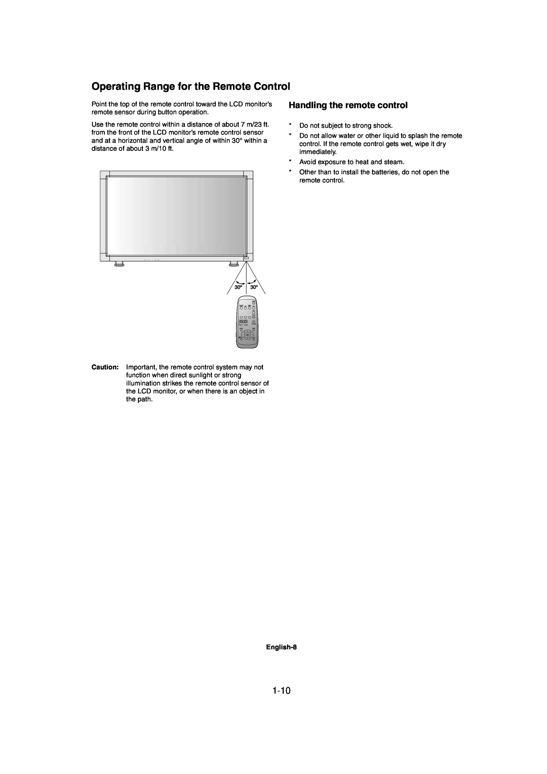 Mitsubishi Electronics MDT321S user manual Operating Range for the Remote Control, Handling the remote control, 1-10 