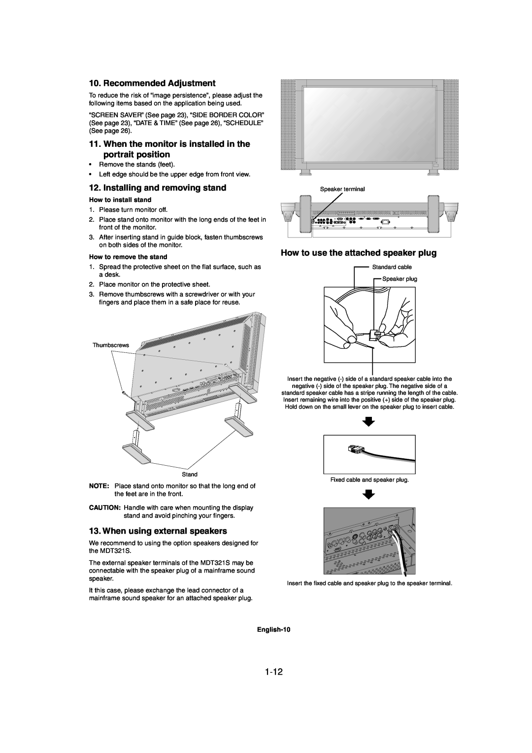 Mitsubishi Electronics MDT321S Recommended Adjustment, When the monitor is installed in the portrait position, 1-12 