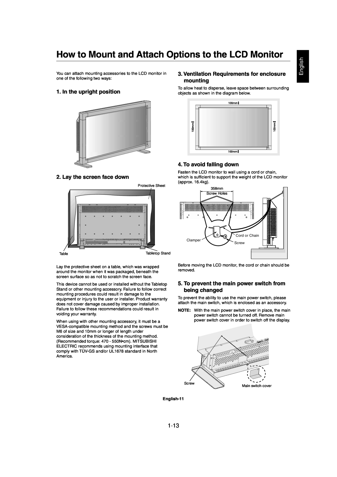 Mitsubishi Electronics MDT321S How to Mount and Attach Options to the LCD Monitor, mounting, In the upright position, 1-13 