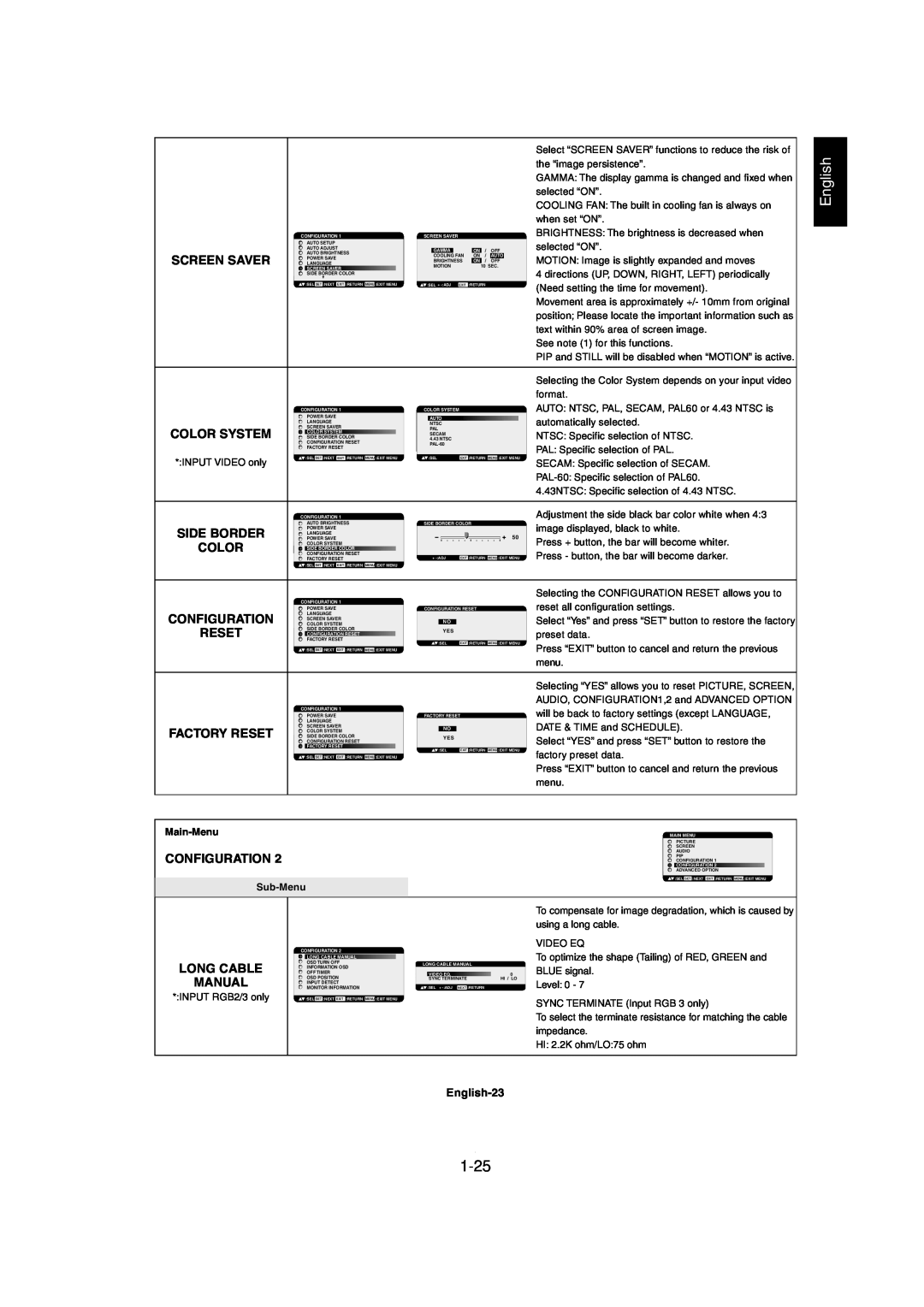 Mitsubishi Electronics MDT321S user manual 1-25, English-23, INPUT RGB2/3 only, Level 0 SYNC TERMINATE Input RGB 3 only 