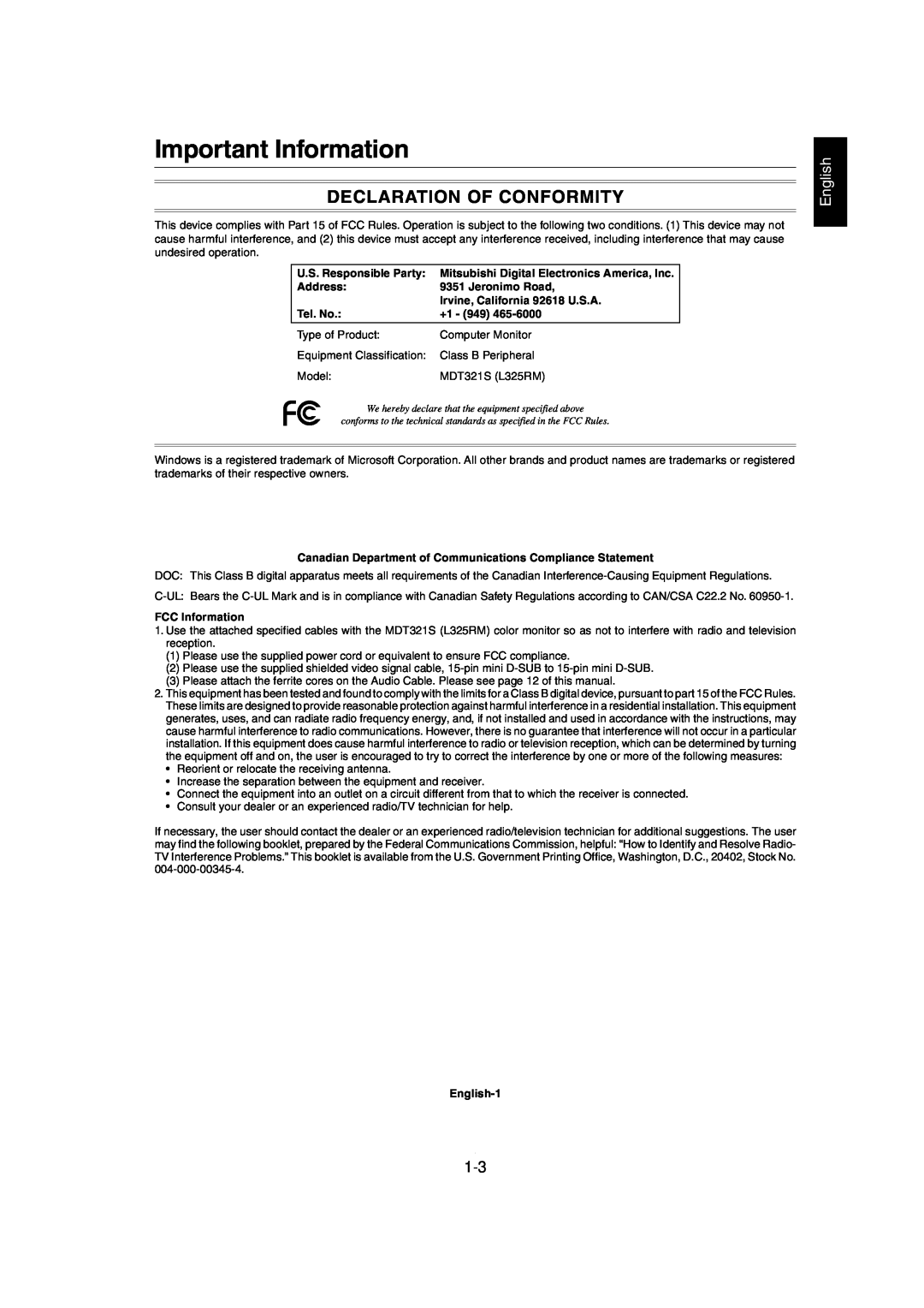Mitsubishi Electronics MDT321S user manual Important Information, Declaration Of Conformity, English 