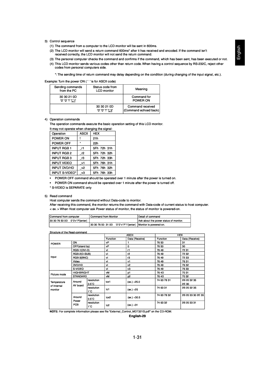 Mitsubishi Electronics MDT321S user manual 1-31, English-29, Standard 