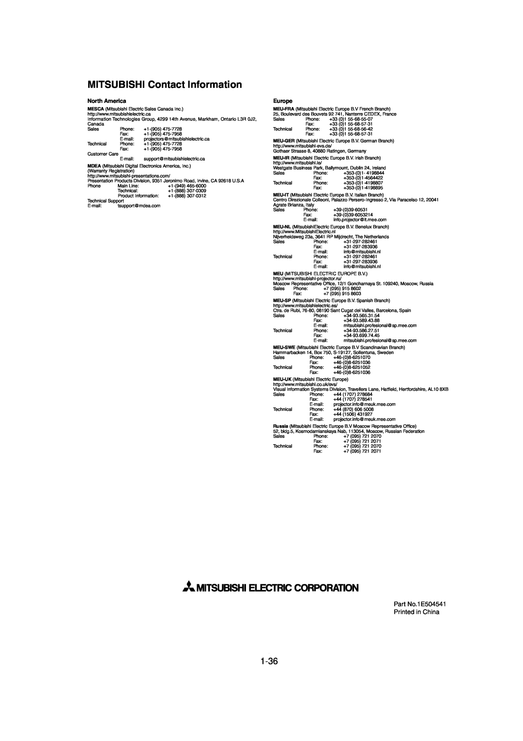 Mitsubishi Electronics MDT321S user manual MITSUBISHI Contact Information, 1-36, North America, Europe 