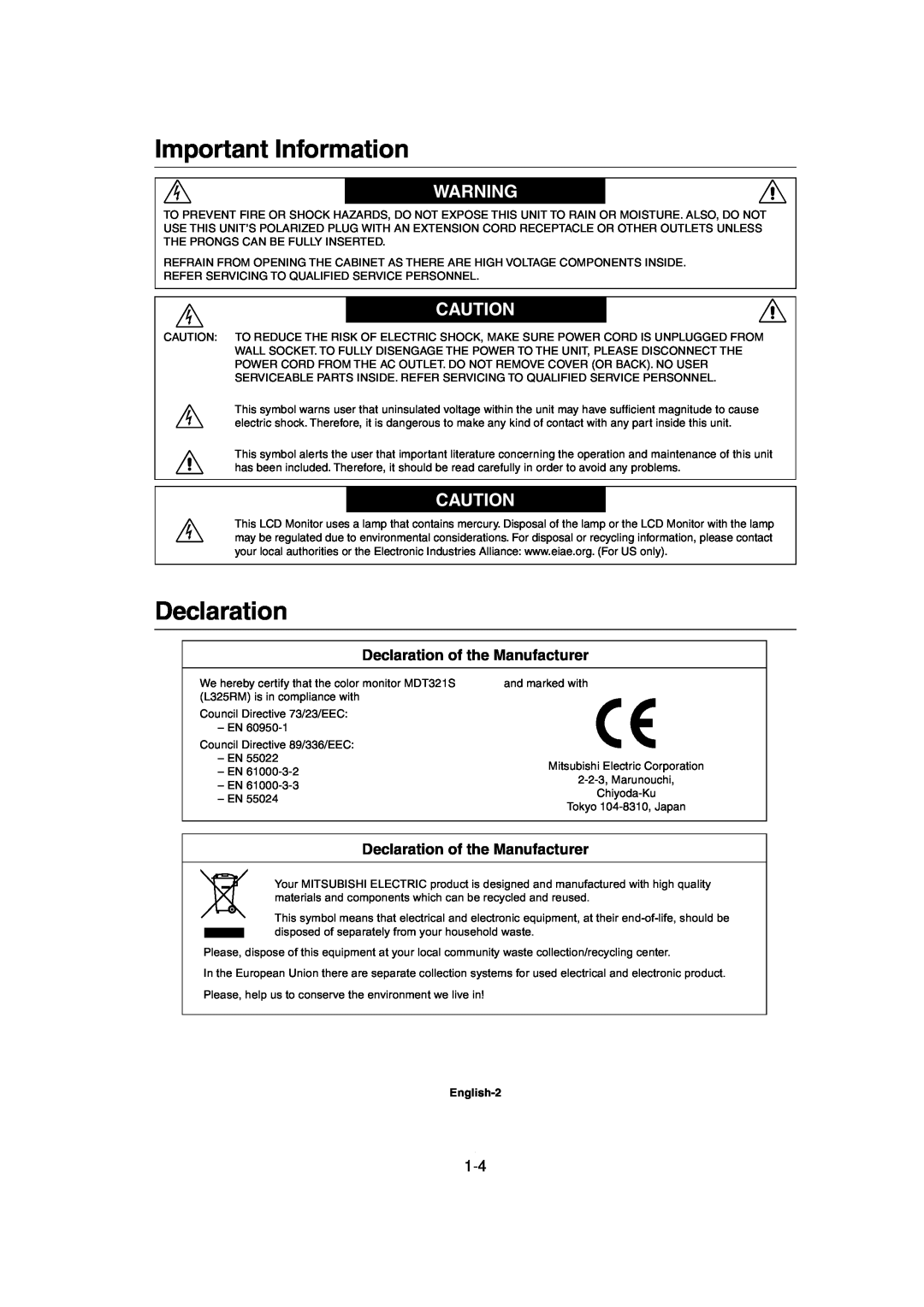 Mitsubishi Electronics MDT321S user manual Declaration of the Manufacturer, Important Information, English-2 