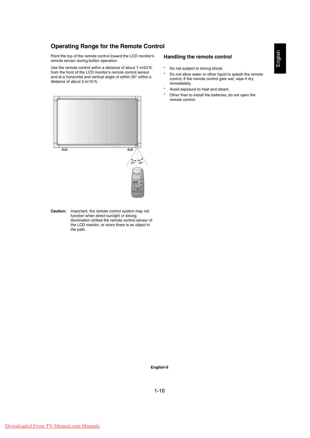 Mitsubishi Electronics MDT402S, MDT461S Operating Range for the Remote Control, Handling the remote control, English-9 