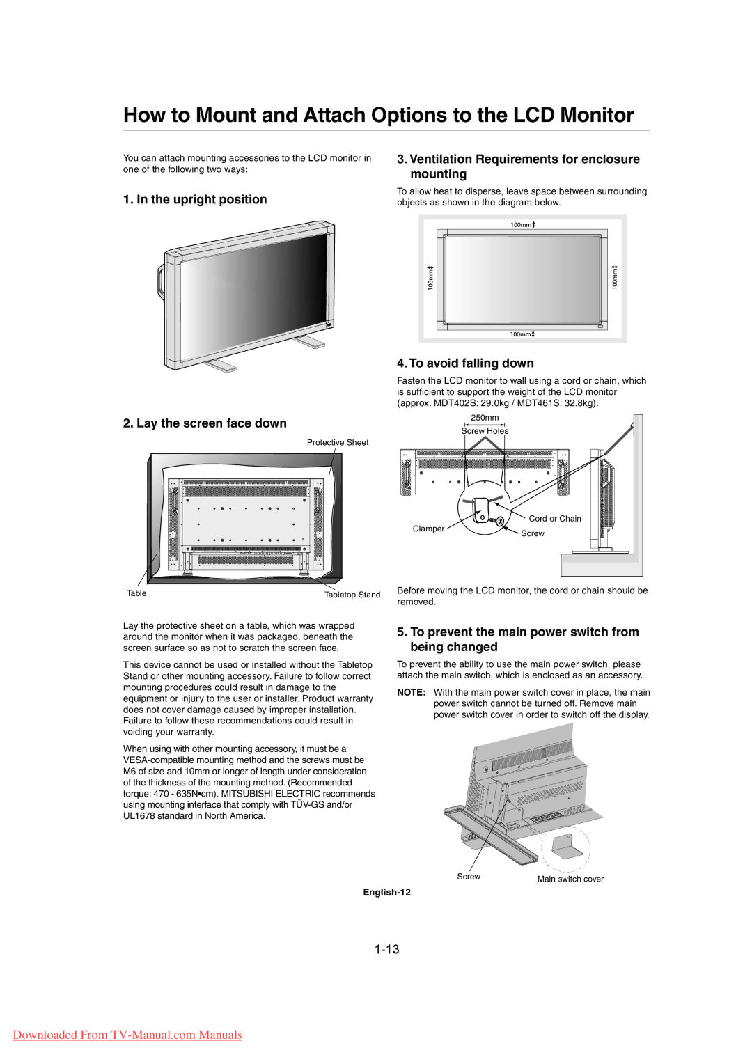 Mitsubishi Electronics MDT461S, MDT402S How to Mount and Attach Options to the LCD Monitor, To avoid falling down 