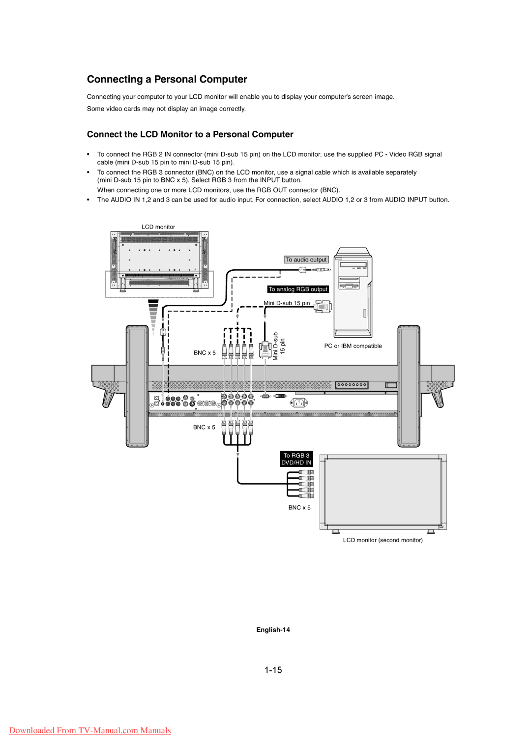 Mitsubishi Electronics MDT461S Connecting a Personal Computer, Connect the LCD Monitor to a Personal Computer, English-14 